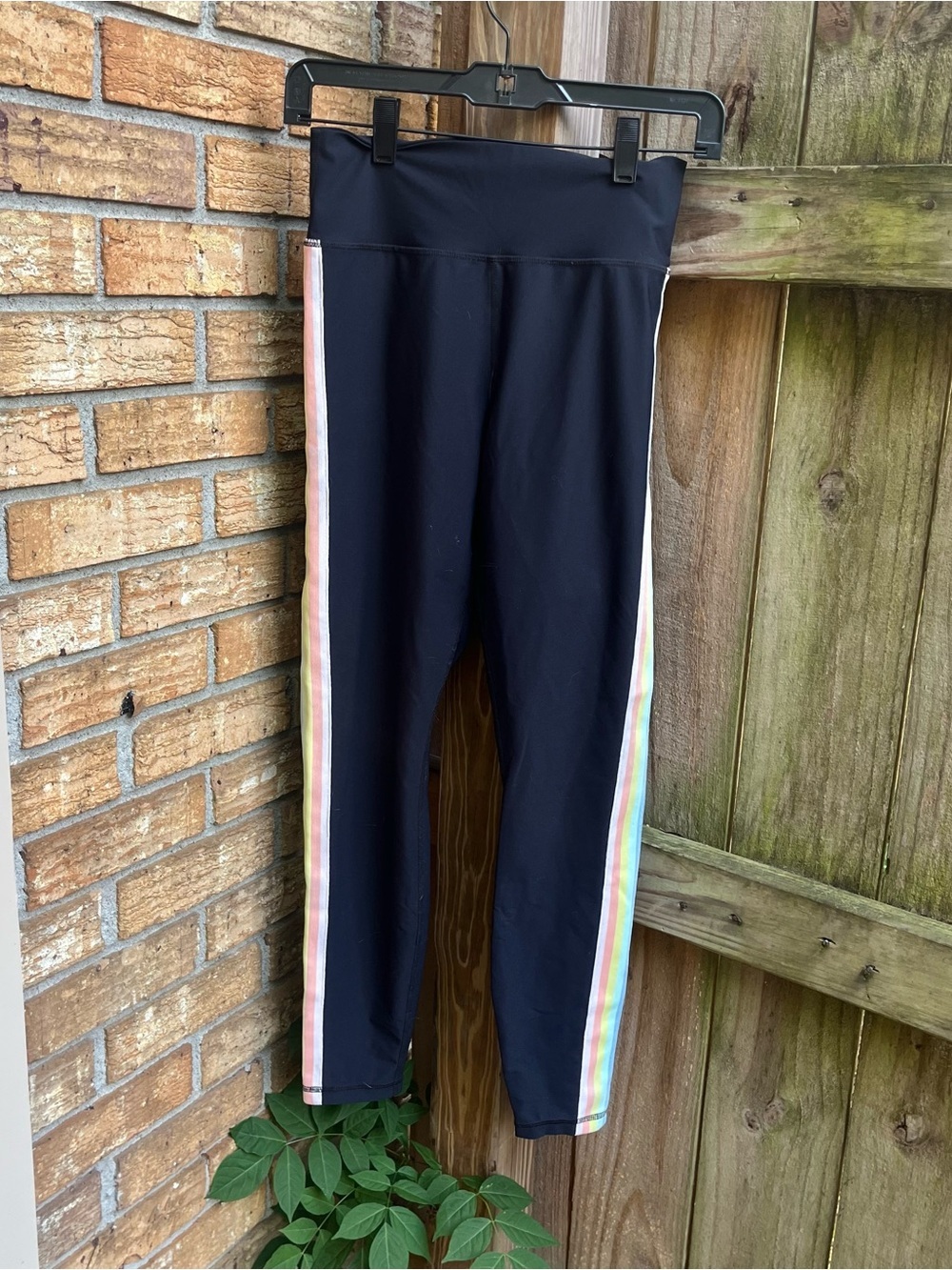 Spiritual Gangster Black Leggings with Pastel Rainbow Side Stripes